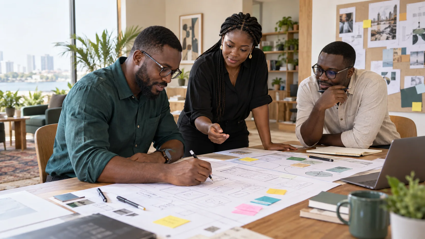 Une équipe conçoit un parcours et examine des prototypes papier