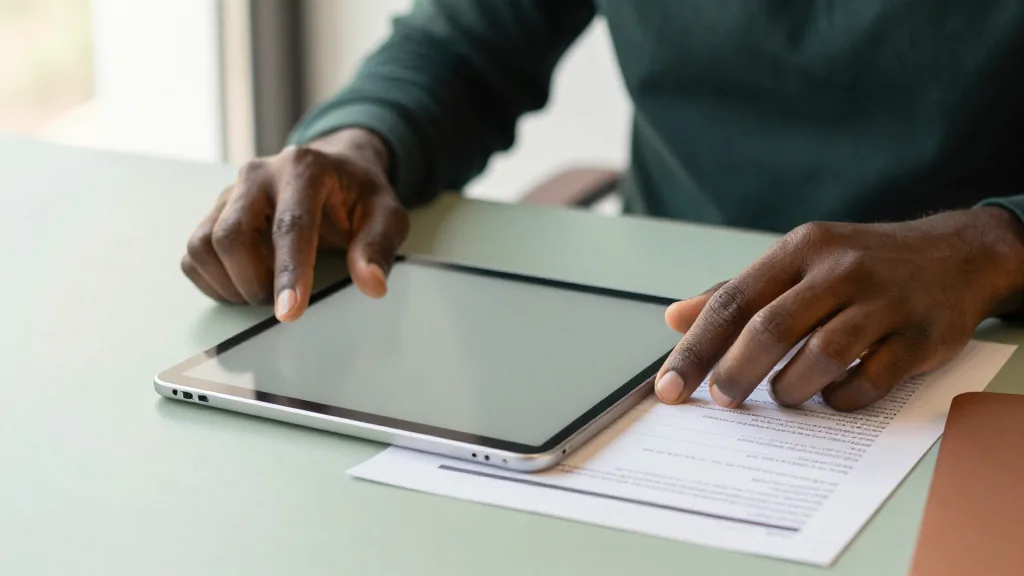 Une personne consulte une tablette et des documents de travail