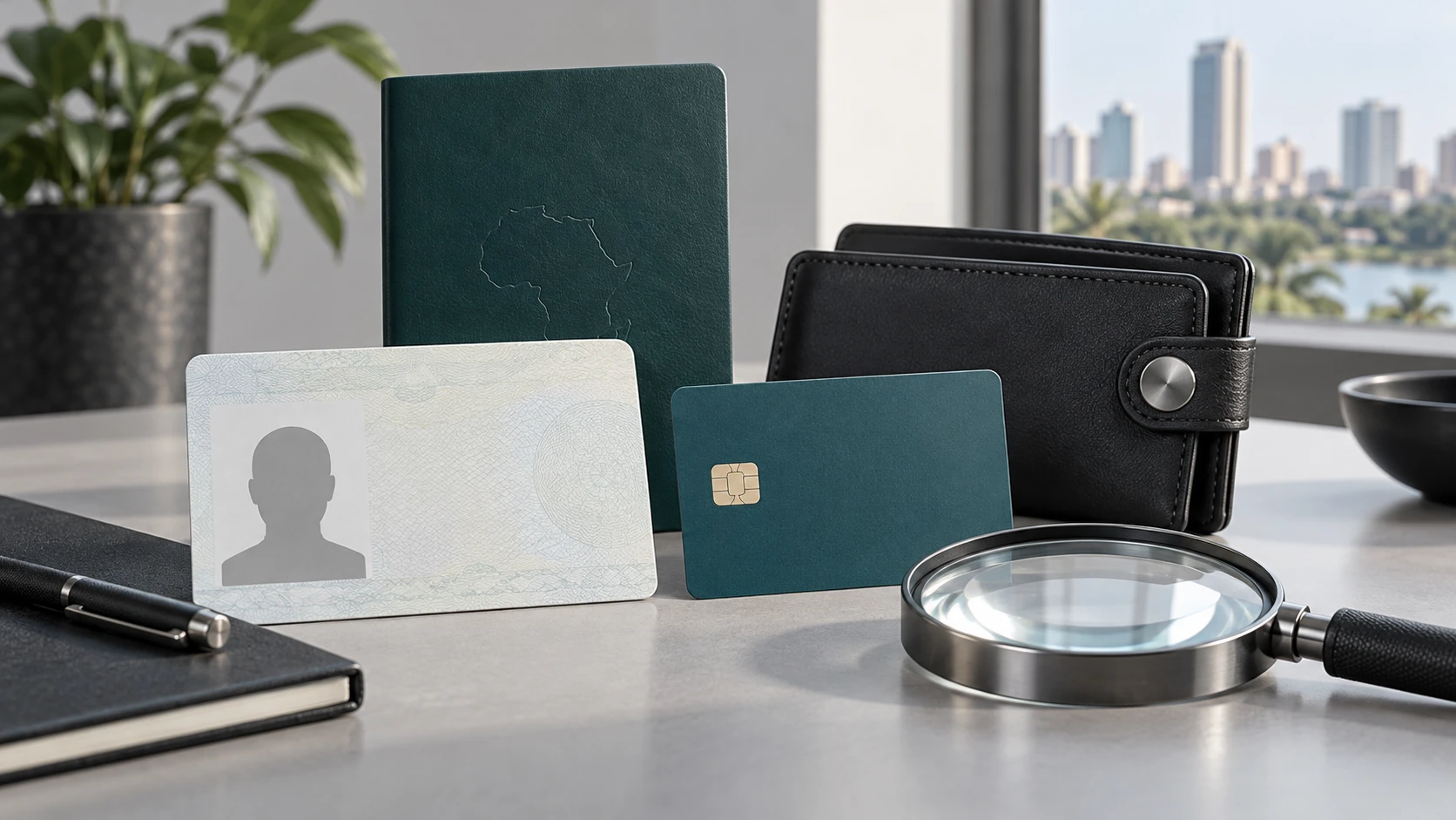 Une carte d’identité, une carte bancaire, un portefeuille et une loupe posés sur un bureau
