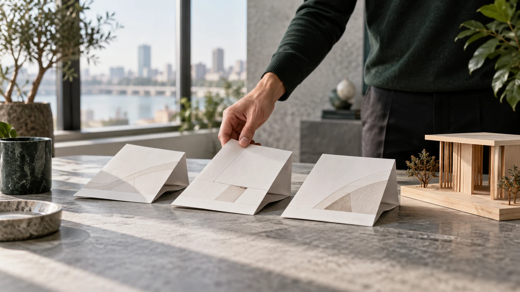 Une main dispose trois cartes pliées à côté d’une maquette d’architecture en bois