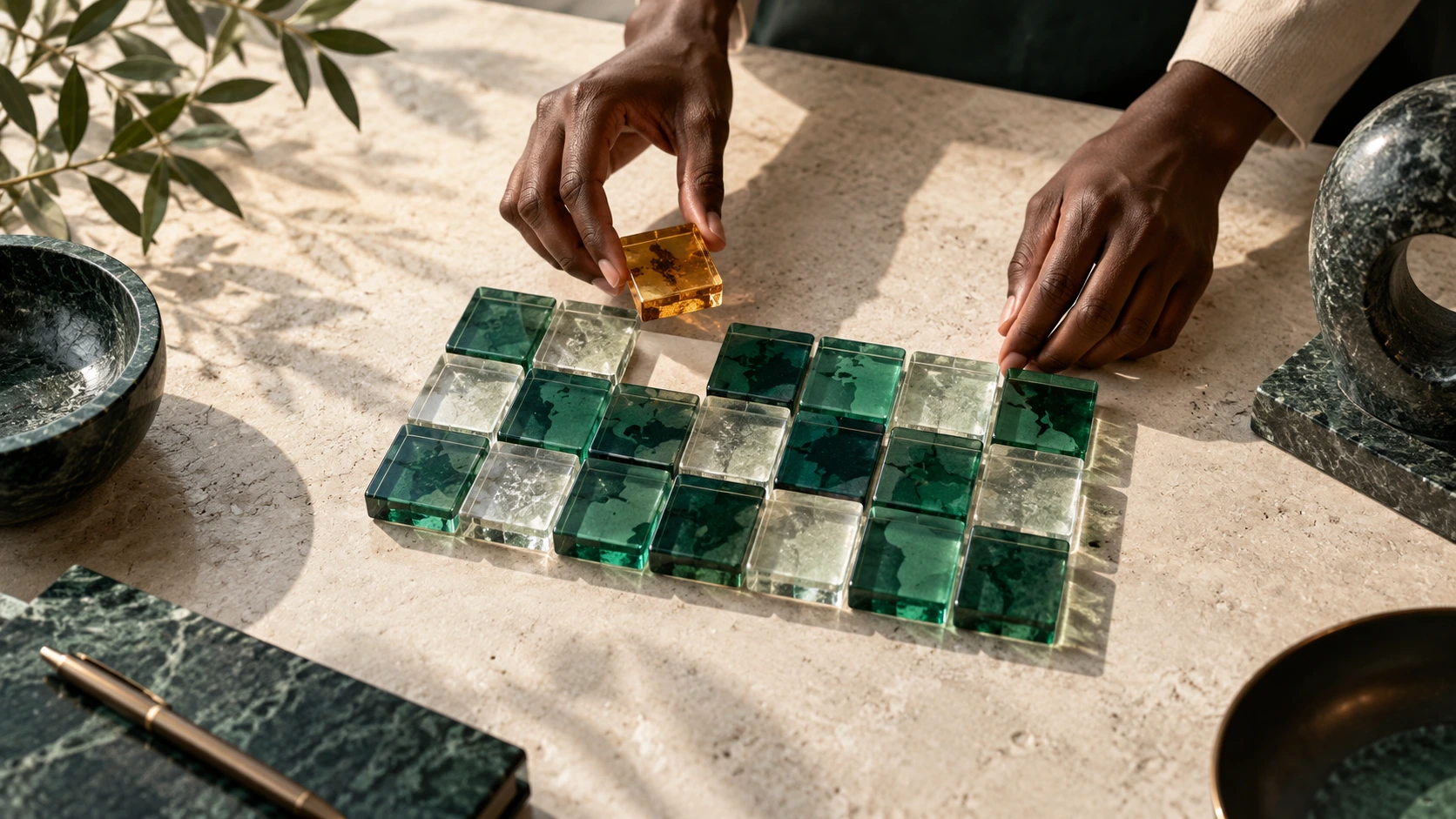 Des mains disposent une grille de carreaux de verre verts et translucides ; un carreau ambré est tenu à part